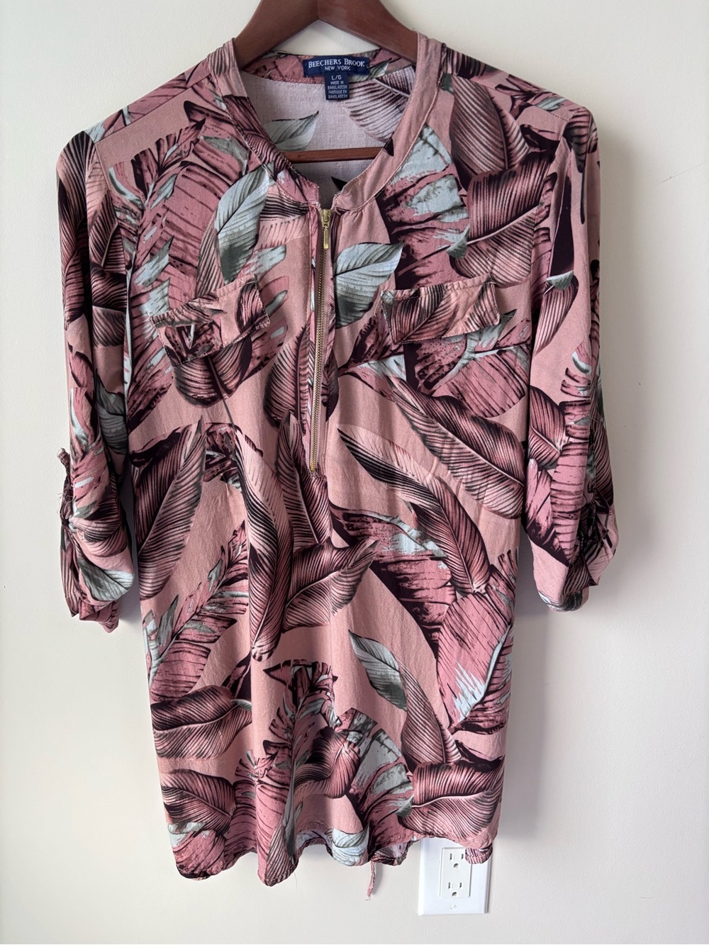 Pink Tropical-Print Zip Front Tunic with Fabric Tie